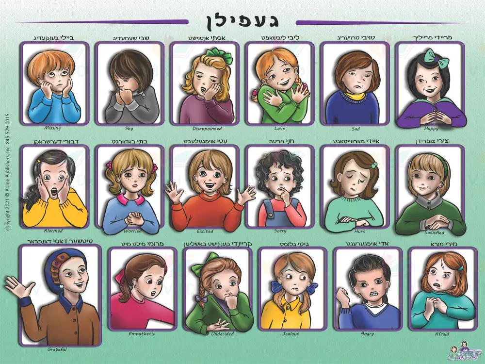 NS101 Emotion Poster Girls Yiddish - 18x24’’ - Learning Charts Yiddish