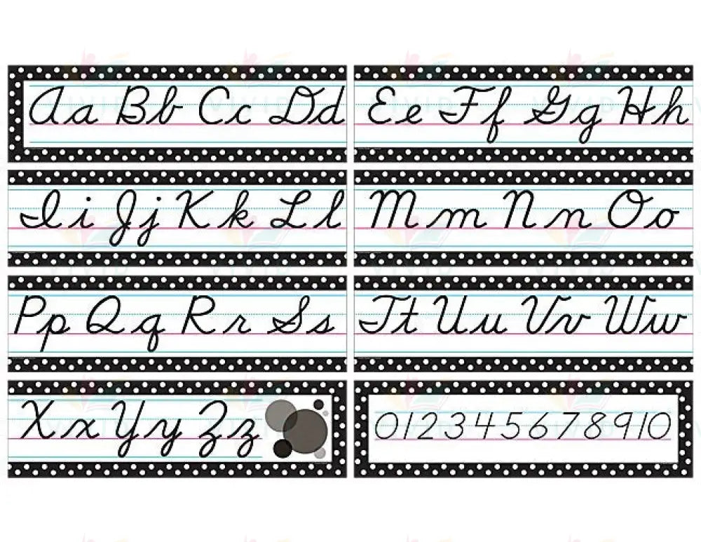 TCR4099 Cursive letters strips with Black and White Polka dots - Learning Charts English