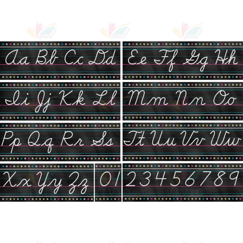 TCR5858 Cursive lettes strips on chalkboard background - Learning Charts English