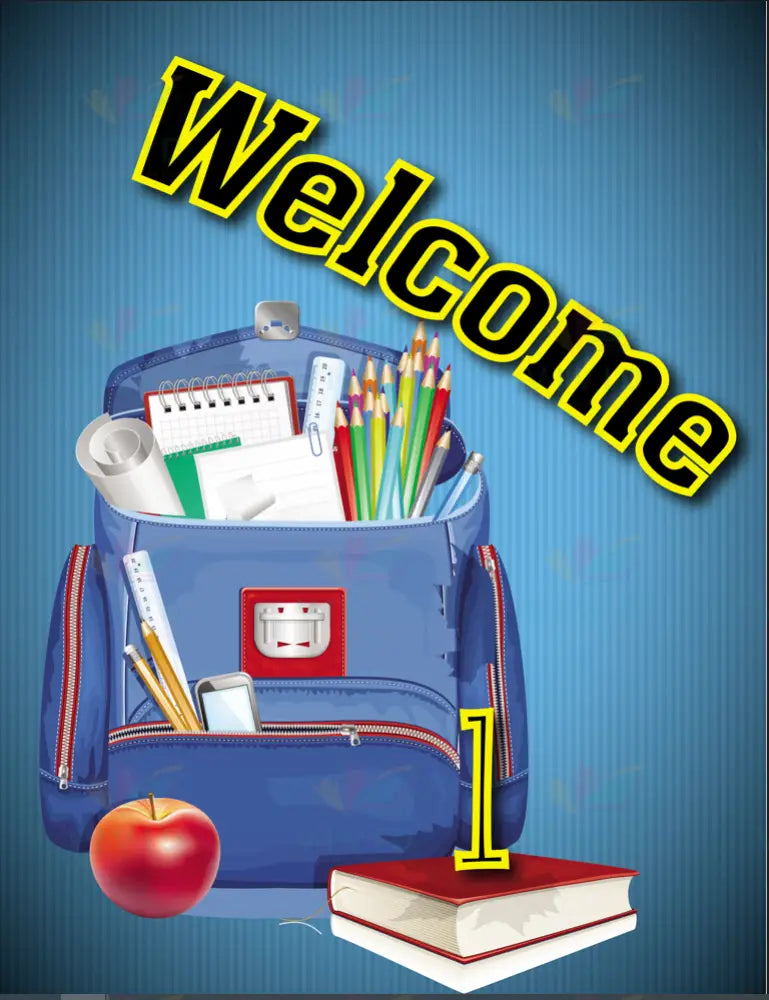 VEW1721A BLUE BACKPACK APPLE WELCOME - 18x24’’ - Welcome Signs English